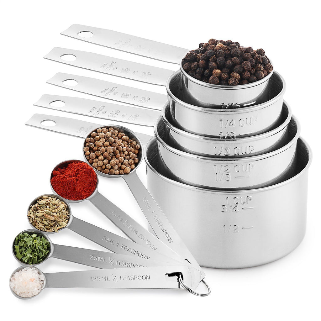 10 Pcs Stainless Steel Measuring Cups and Spoons Set for Dry & Liquid Baking