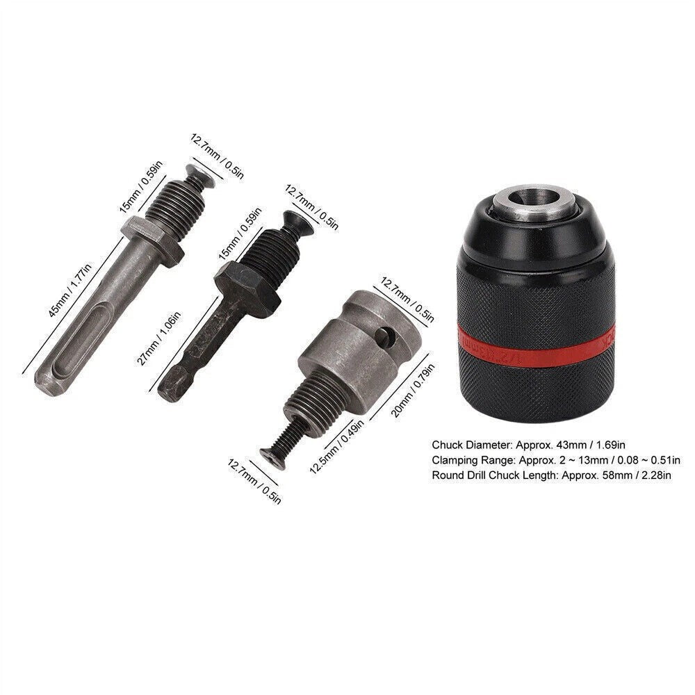 Metal Heavy Duty 1/2-20UNF 13mm Keyless Drill Chuck Hex Shank/SDS/Square Adaptor