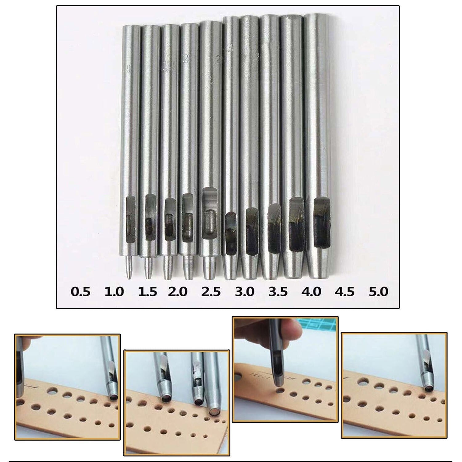 10pcs Hollow Hole Punch Set 0.5-5mm Heavy Duty Leather Craft Hand Tools