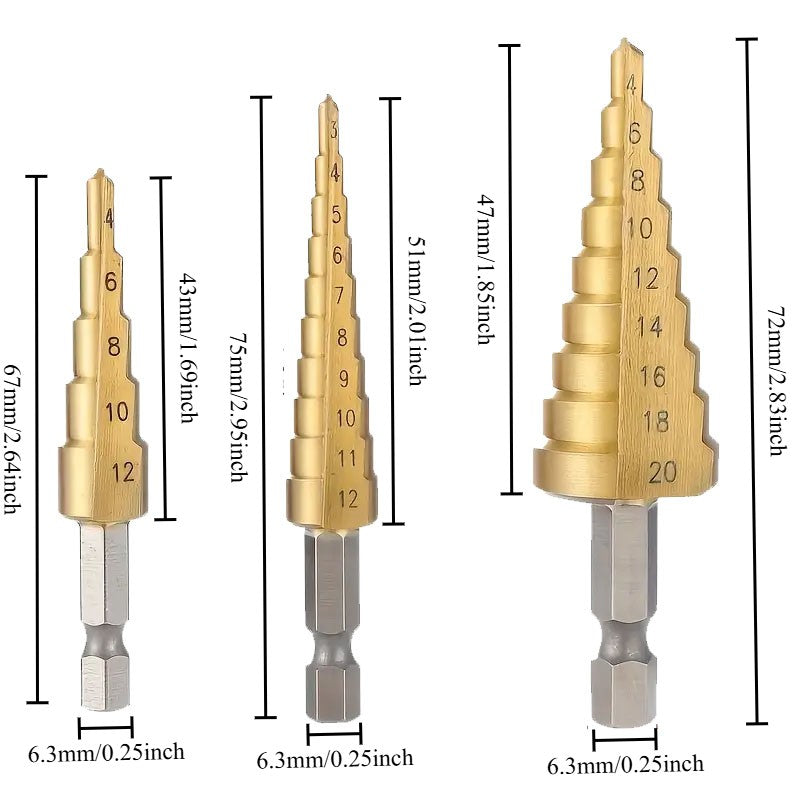 3PCS Titanium Coated HSS Step Drill Bit Cone Hole Cutter 3-12/4-12/4-20mm