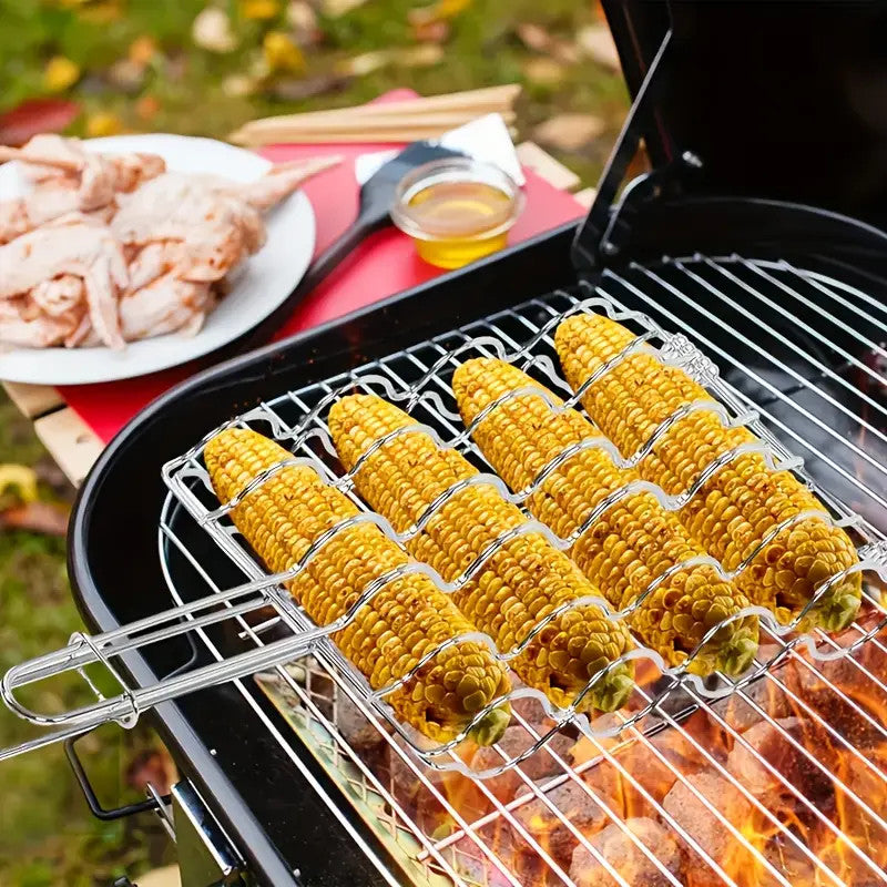 BBQ Corn Grilling Basket Rack Cooker Wooden Handle Corn on the Cob Tool