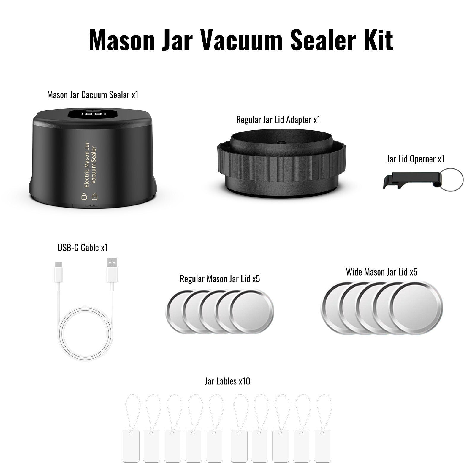 Mason Jar Electric Vacuum Sealer Kit for Wide & Regular Genie Jars &10 Lids