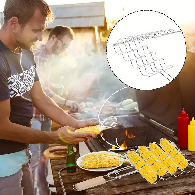 BBQ Corn Grilling Basket Rack Cooker Wooden Handle Corn on the Cob Tool