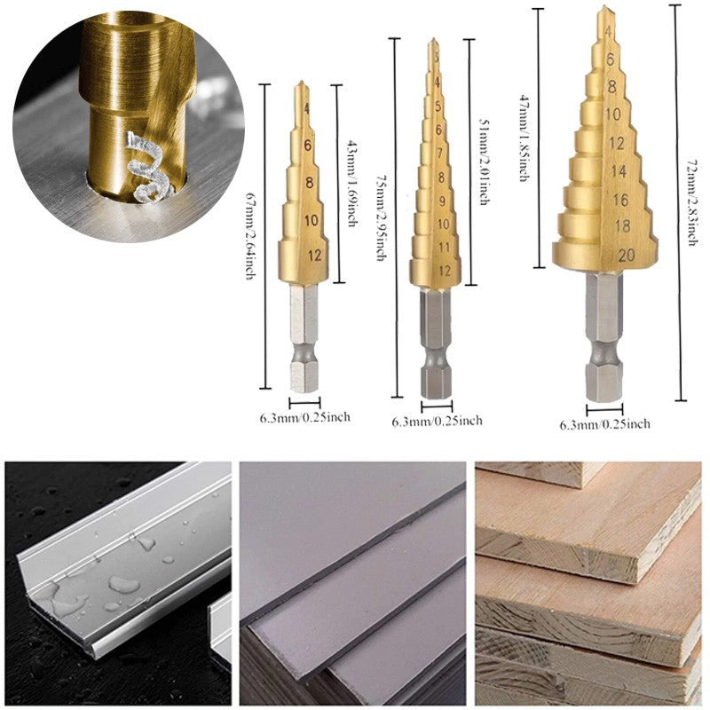 3PCS Titanium Coated HSS Step Drill Bit Cone Hole Cutter 3-12/4-12/4-20mm