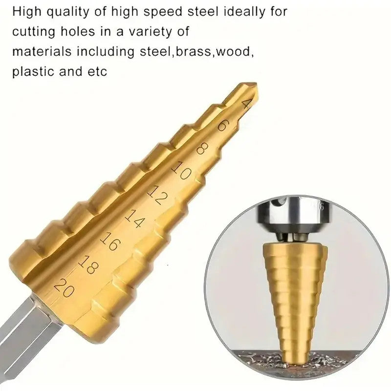 3PCS Titanium Coated HSS Step Drill Bit Cone Hole Cutter 3-12/4-12/4-20mm