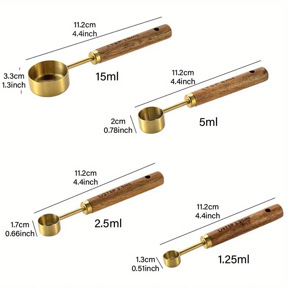 4 Pcs Golden Stainless Steel Measuring Spoons Non Slip Wooden Handle Baking Set