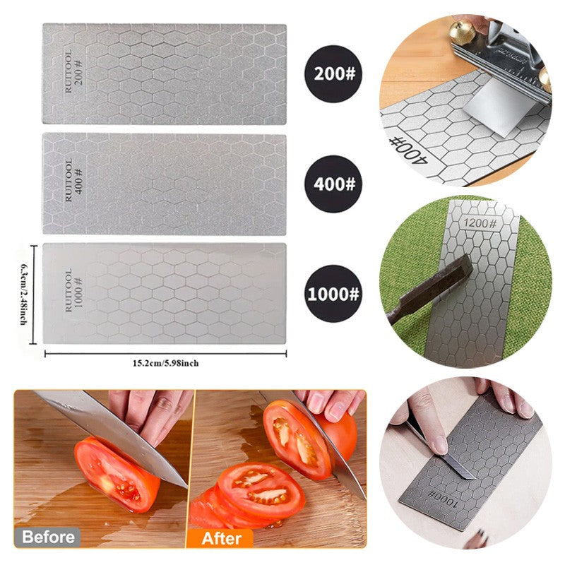 Diamond Knife Sharpener Plate 3PCS 200/400/1000 Grit Honing Bench Stone Kit Set