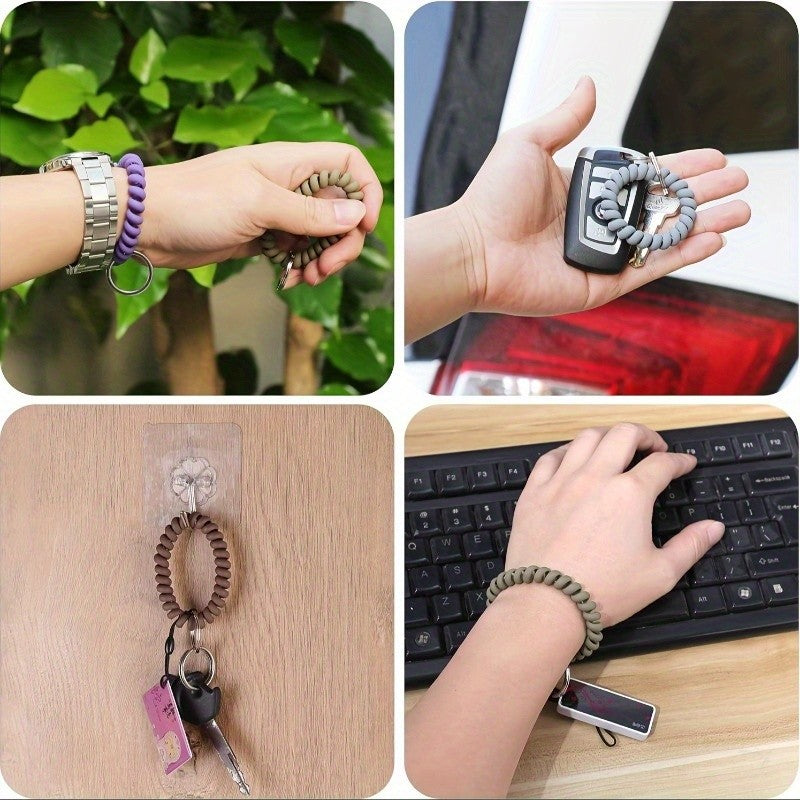 6 Pcs Spiral Wrist Coil Keychain Set Decorative Stretch Wristbands Key Rings