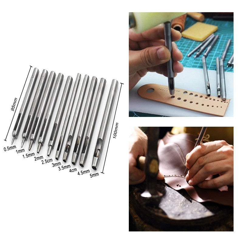 10pcs Hollow Hole Punch Set 0.5-5mm Heavy Duty Leather Craft Hand Tools
