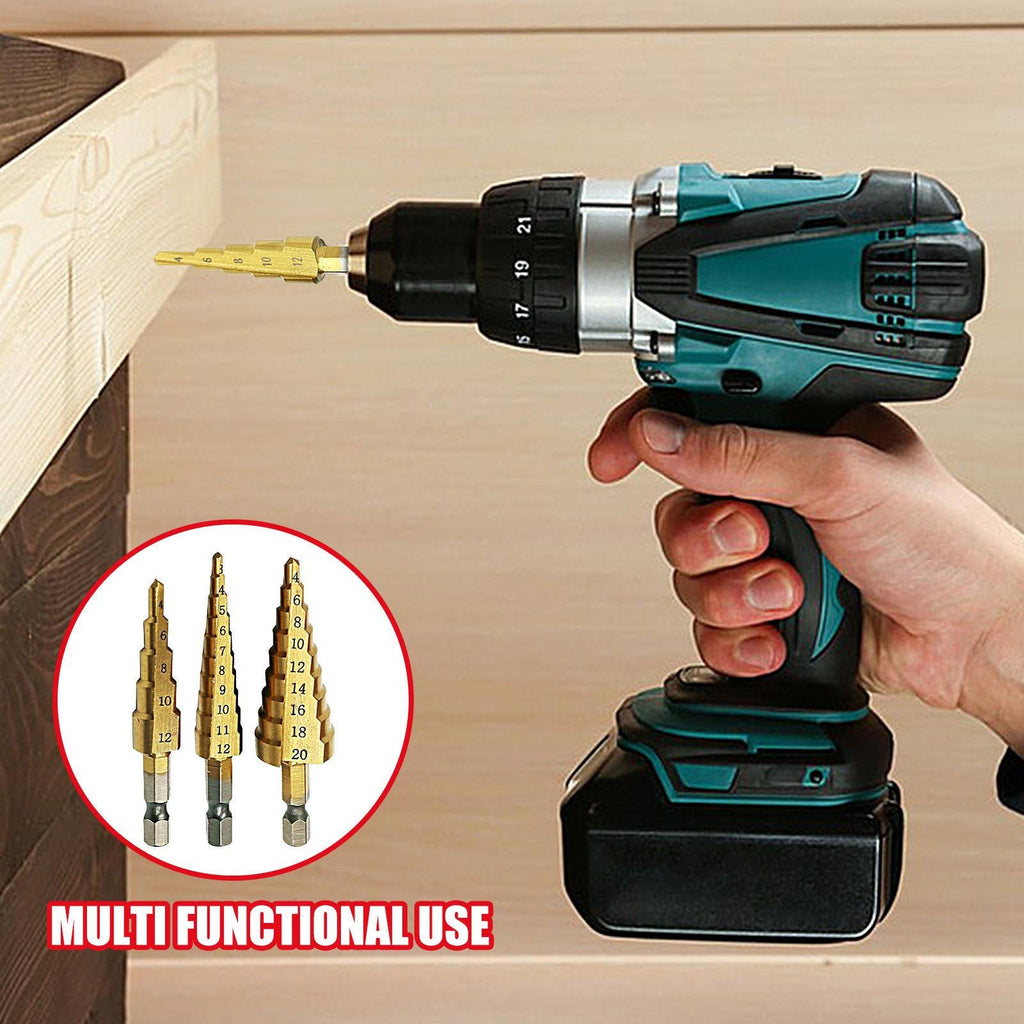 3PCS Titanium Coated HSS Step Drill Bit Cone Hole Cutter 3-12/4-12/4-20mm