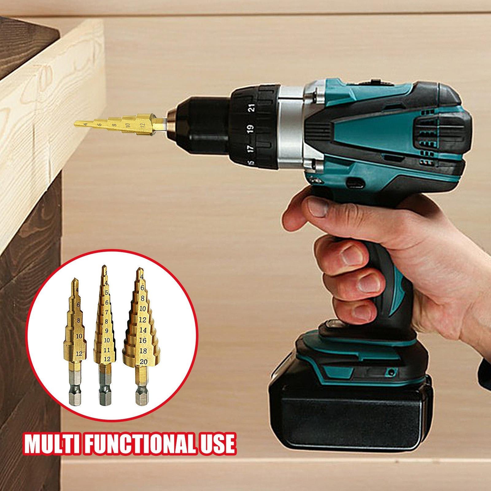 3PCS Titanium Coated HSS Step Drill Bit Cone Hole Cutter 3-12/4-12/4-20mm