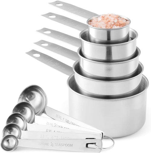 10 Pcs Stainless Steel Measuring Cups and Spoons Set for Dry & Liquid Baking