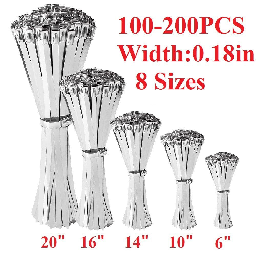 100-200Pcs Metal Stainless Steel Cable Zip Ties Heavy Duty Self-Locking 6"-20"