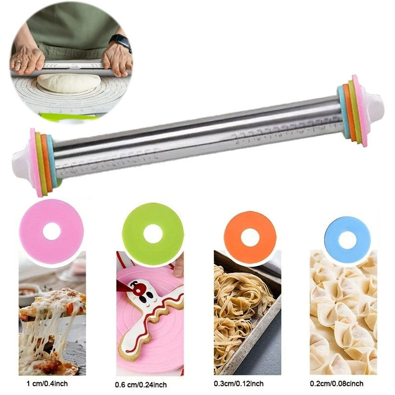 Adjustable Stainless Steel Rolling Pin with Thickness Rings Non-Stick Kitchen