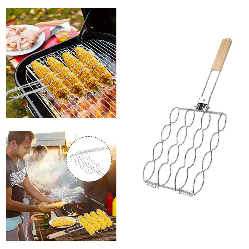 BBQ Corn Grilling Basket Rack Cooker Wooden Handle Corn on the Cob Tool