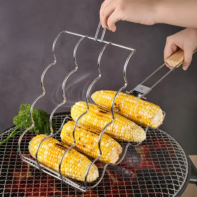 BBQ Corn Grilling Basket Rack Cooker Wooden Handle Corn on the Cob Tool