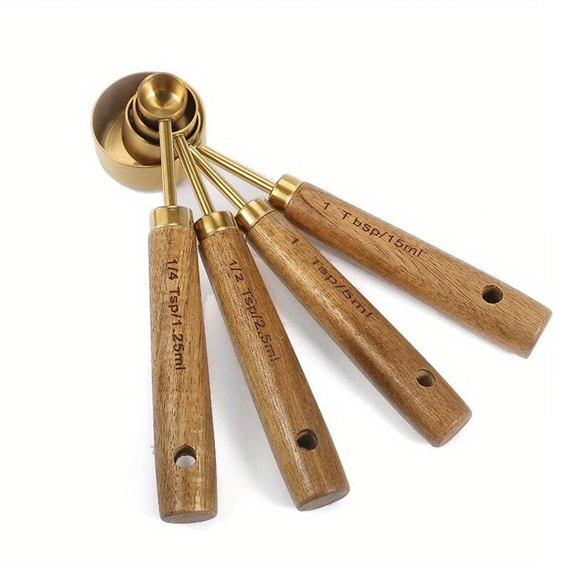 4 Pcs Golden Stainless Steel Measuring Spoons Non Slip Wooden Handle Baking Set